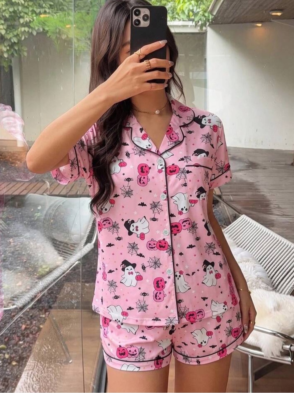 2pcs/Set Women's Halloween Ghost Pufferfish Bat Print Short Sleeve Top